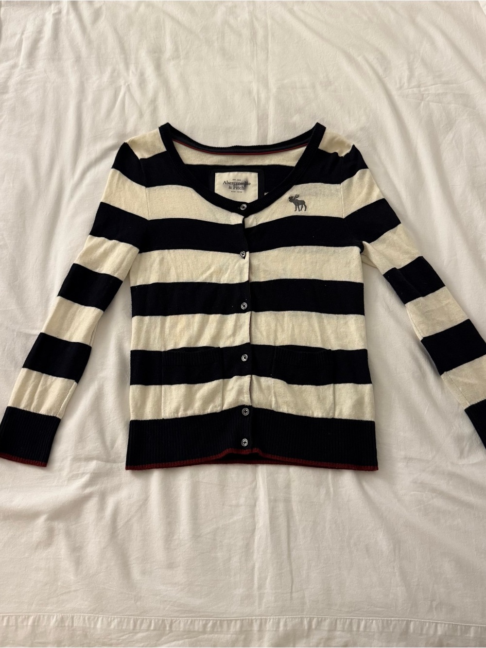 VTG Abercrombie & Fitch Cardigan Navy Blue Striped Maroon detailing Size S